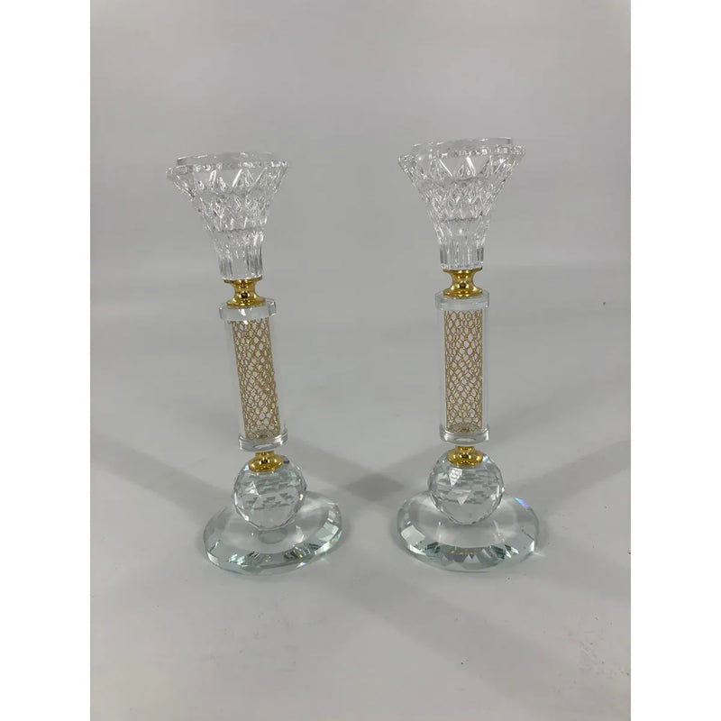 Crystal & Golden Net Candlesticks Silver Chips 8"H Set of 2