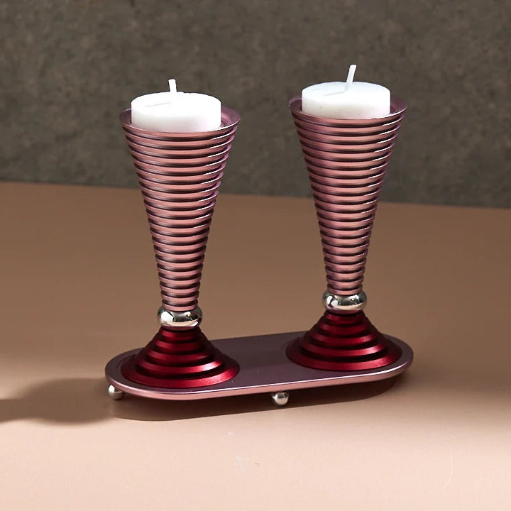 Anodized Aluminum Round Shabbat Candlesticks Grooved Design in Pink Made by Benjamin Akilov, Israel