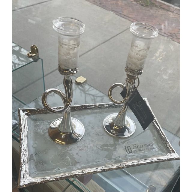 925 Sterling Silver & Fused Glass Shabbat Candlesticks Tray Hand Made in Israel by Sherman