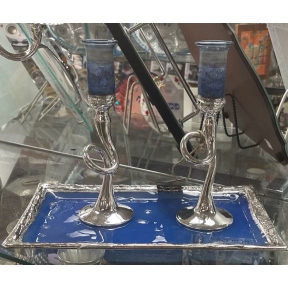 925 Sterling Silver & Fused Glass Shabbat Candlesticks Tray Hand Made in Israel by Sherman