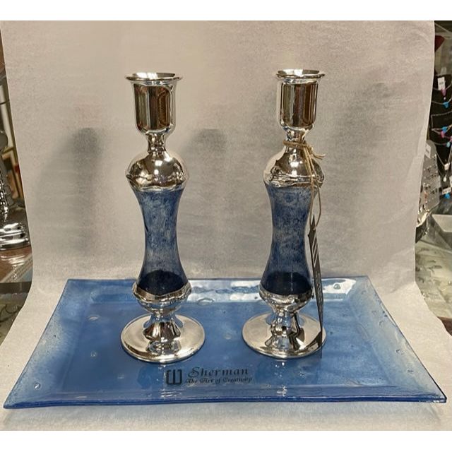 925 Sterling Silver Fused Glass Shabbat Candlesticks & Tray Hand Made in Israel by Sherman