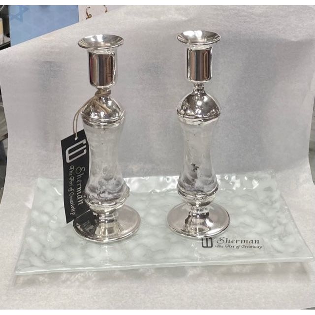925 Sterling Silver Fused Glass Shabbat Candlesticks & Tray Hand Made in Israel by Sherman