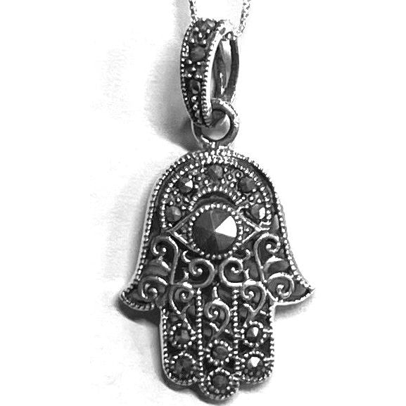 925 Sterling Silver & Marcasite Antique Hamsa Pendant Necklace Made in Israel