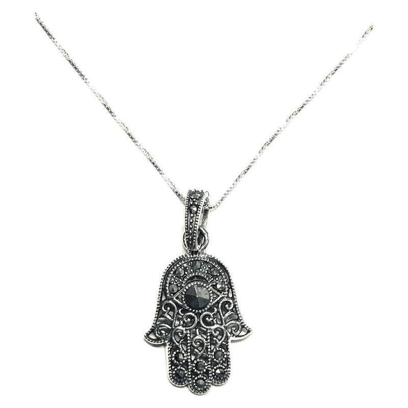 925 Sterling Silver & Marcasite Antique Hamsa Pendant Necklace Made in Israel