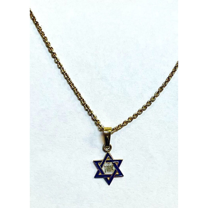 14K Yellow Gold Blue Enameled Star of David Zion Pendant Magen David Necklace
