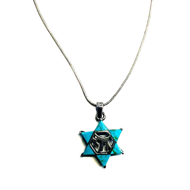 925 Sterling Silver Trillion Cut Turquoise Star of David CHAI Pendant Necklace 18"