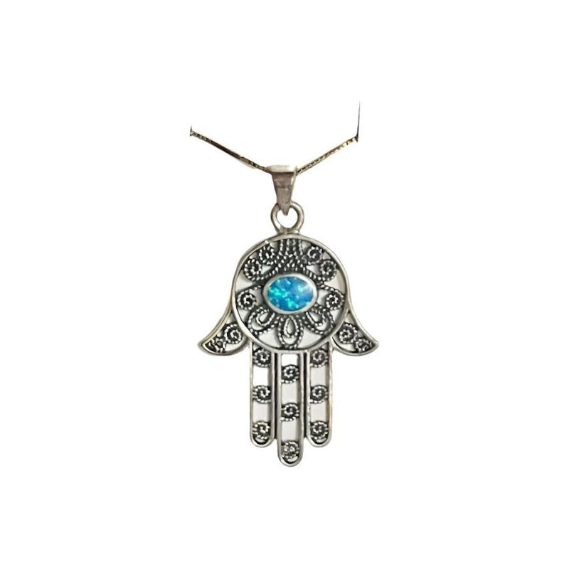 925 Sterling Silver Opal Filigree Large Hamsa Pendant Necklace Made in Israel