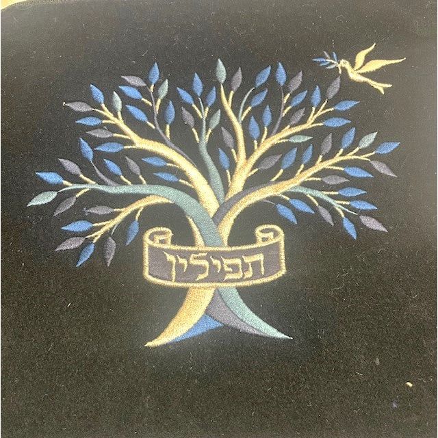 Tree of Life Blue Silver Embroidery Tefilling Bag