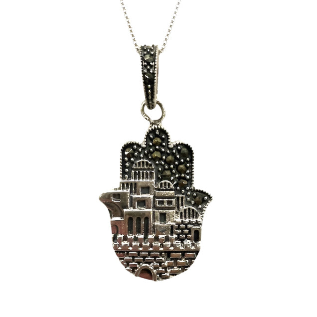 925 Sterling Silver Marcasite Hamsa Jerusalem Pendant Necklace Made in Israel One of a kind