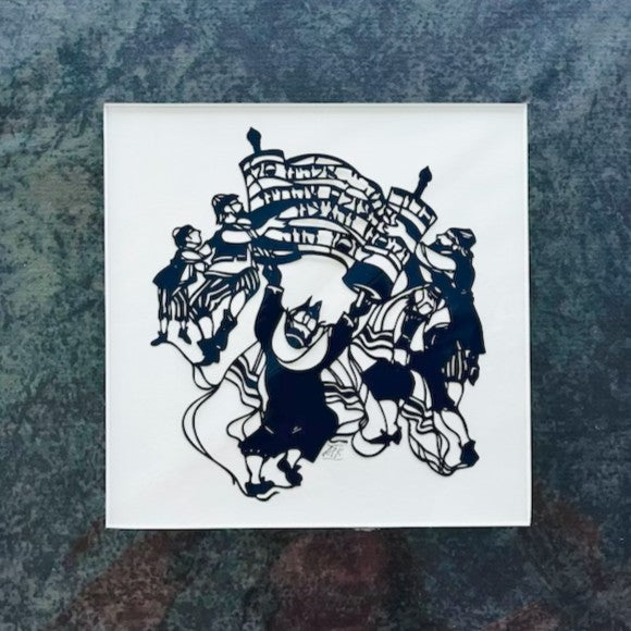 Simchat Torah / Dancing Rabbis Hand Embellished Framed Jewish Papercut Art by Anna Kronick