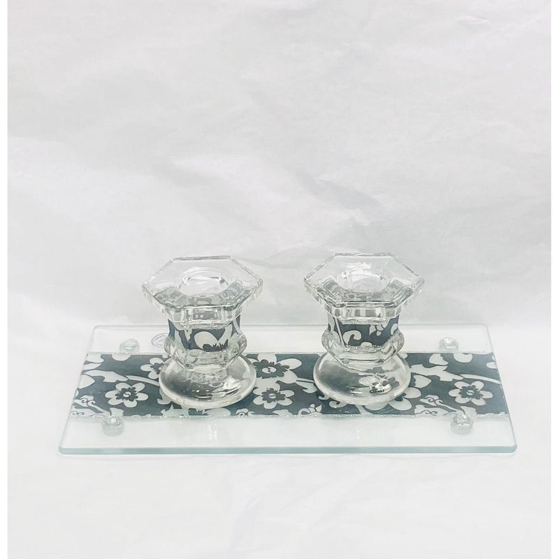 Lily Art Glass Appliqued Small Shabbat Candlesticks / Holders and Tray