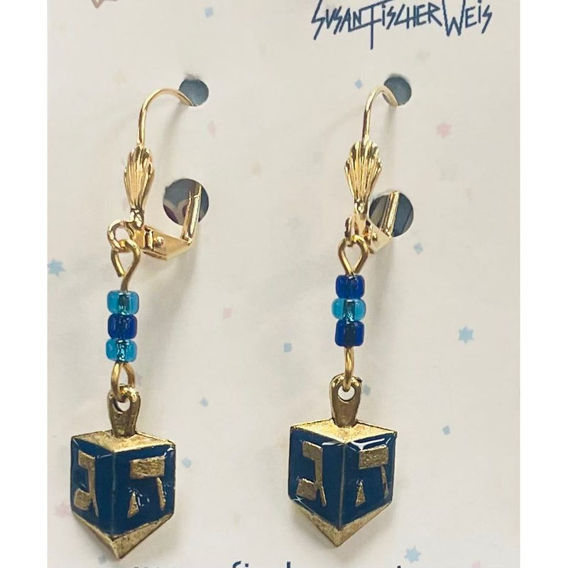 Chanukah Enameled Dreidels Jewish Earrings Gold Plated Earwires by Susan Fischer Weis