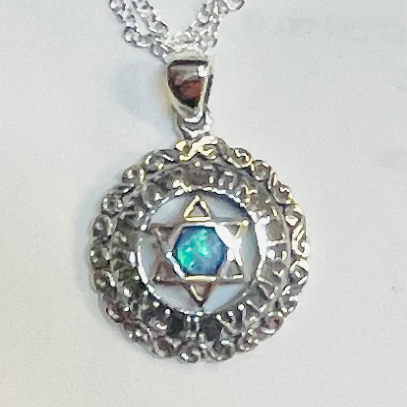 925 Sterling Silver Filigree Opal Shema Prayer Star of David Pendant Made in Israel with 925 SS 18" Chain