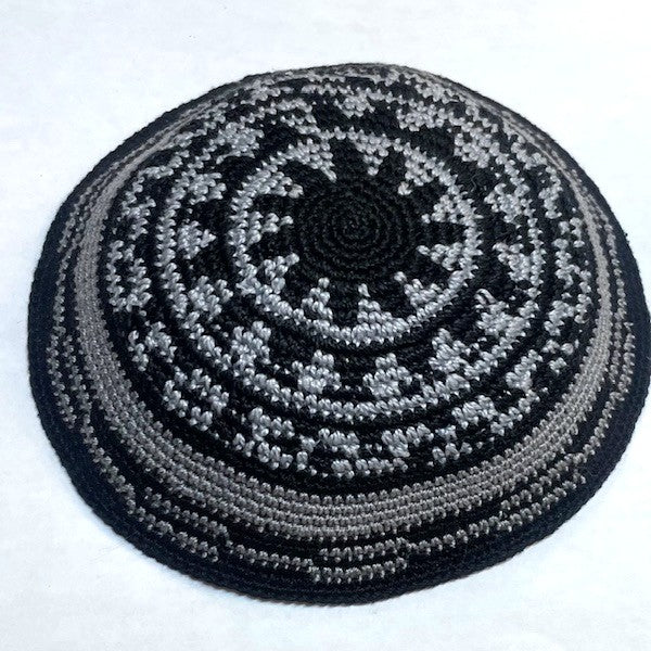 Crochet Kippah Knit Yarmulke appr. 6" Black Center with Shades of Grey design