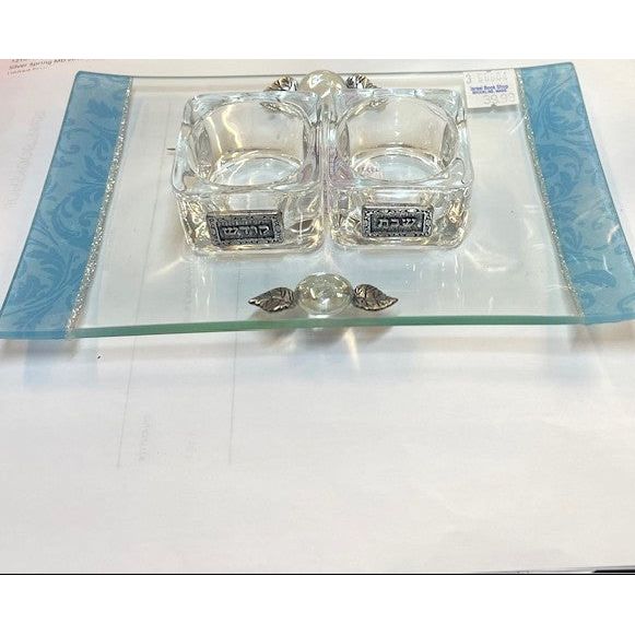 Art Glass Blue Decoupage Candleholders Tray Applique Made in Israel by Lily ART