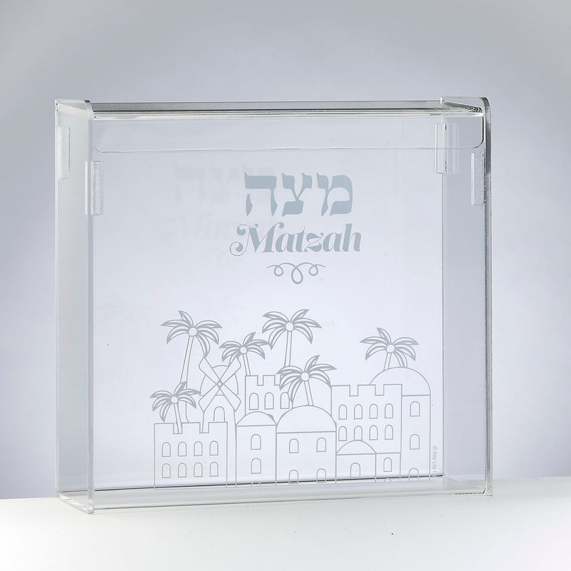 SOLD OUT  Silver Accents Jerusalem Motif Acrylic Flip Top Matzah Box