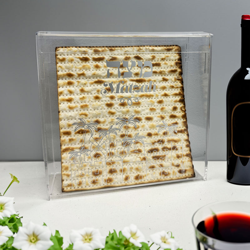 SOLD OUT  Silver Accents Jerusalem Motif Acrylic Flip Top Matzah Box