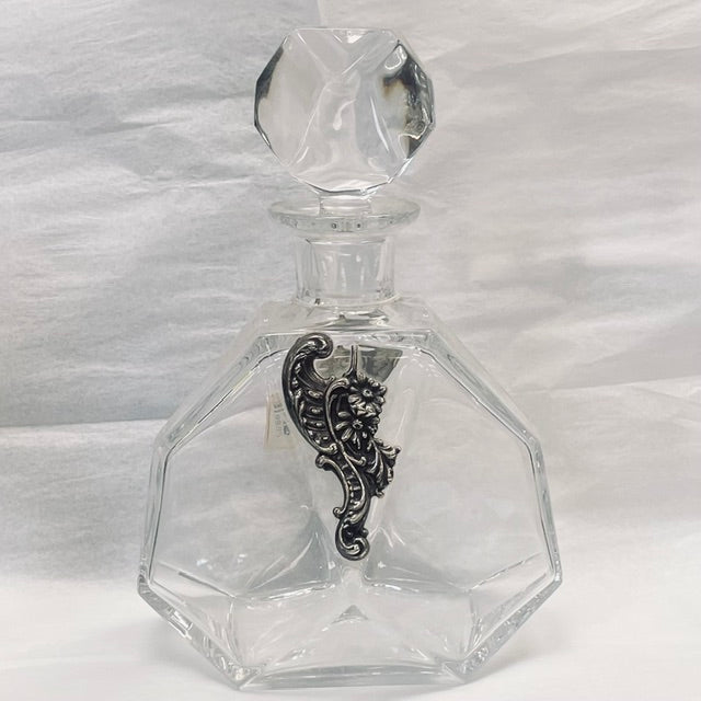 925 Sterling Silver Floral Decoration Crystal Liquor Wine Decanter Great for Kiddush Made in Italy
