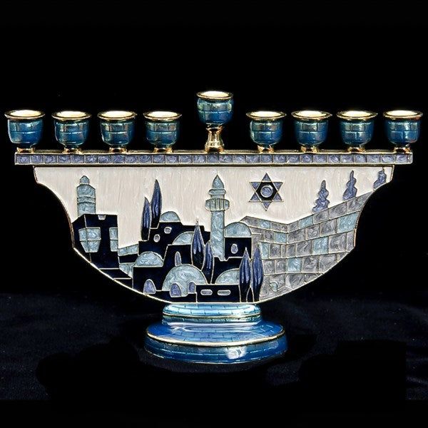 Chanukah Enameled Menorah Jerusalem 5"