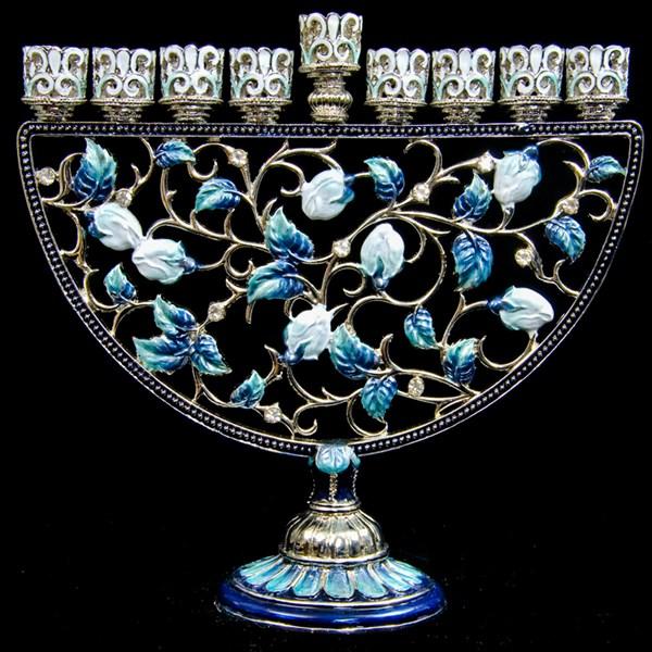 Floral Blue Design Bejeweled Enamel Menorah 7"