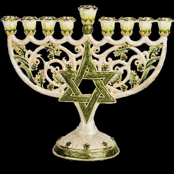 Jeweled and Enameled Star of David Chanukah Menorah in Green 8" Gift Boxed