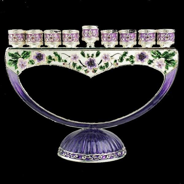 Enameled Metal Chanukah Menorah 8" Jeweled Floral Accents in Purple & Green Gift Boxed