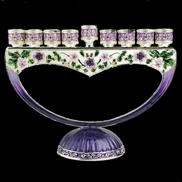 Enameled Metal Chanukah Menorah 8" Jeweled Floral Accents in Purple & Green Gift Boxed