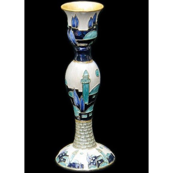Jeweled White Blue Enamel Shabbat Candlestick "Jerusalem" One candlestick 6" comes in a gift box