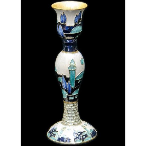 Jeweled White Blue Enamel Shabbat Candlestick "Jerusalem" One candlestick 6" comes in a gift box
