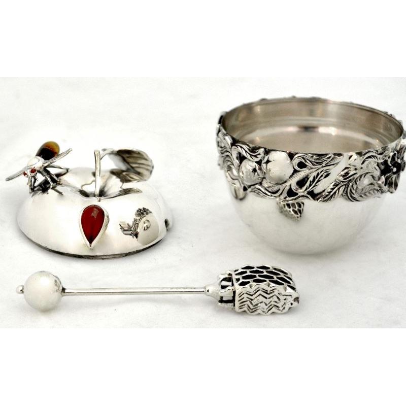 Unique 925 Sterling Silver Semi-Precious Stones Apple Plated Honey Dish & Honeycomb shaped Spoon