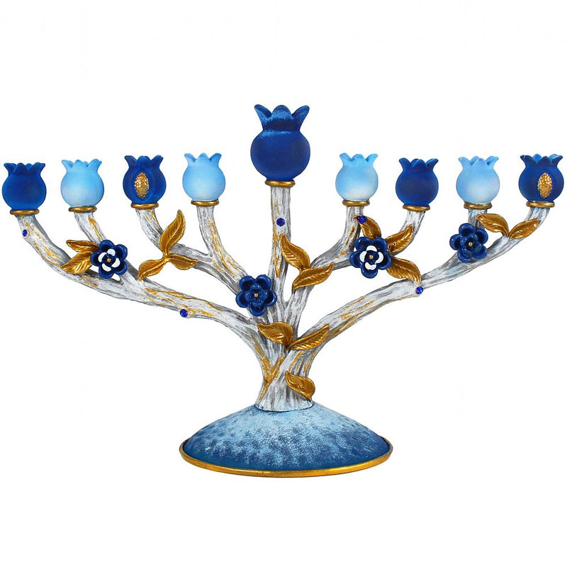 Collectible Pomegranate Menorah - Rich Blue Tones Comes in a Gift Box