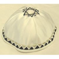 Star of David White Satin Navy Blue / Silver Embroidery Kippah /Yarmulke LONG BACK ORDER