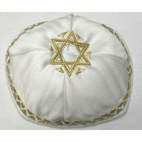 Star of David White Satin Gold / Silver Embroidery Kippah /Yarmulke