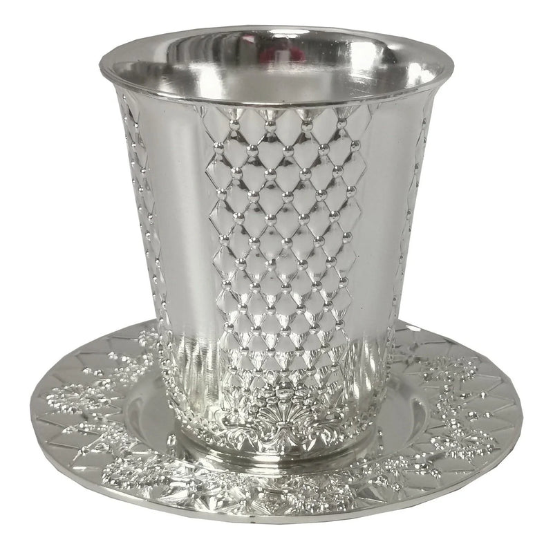 Kiddush Cup With Plate 3"H - Diamond Design - Silver Plated