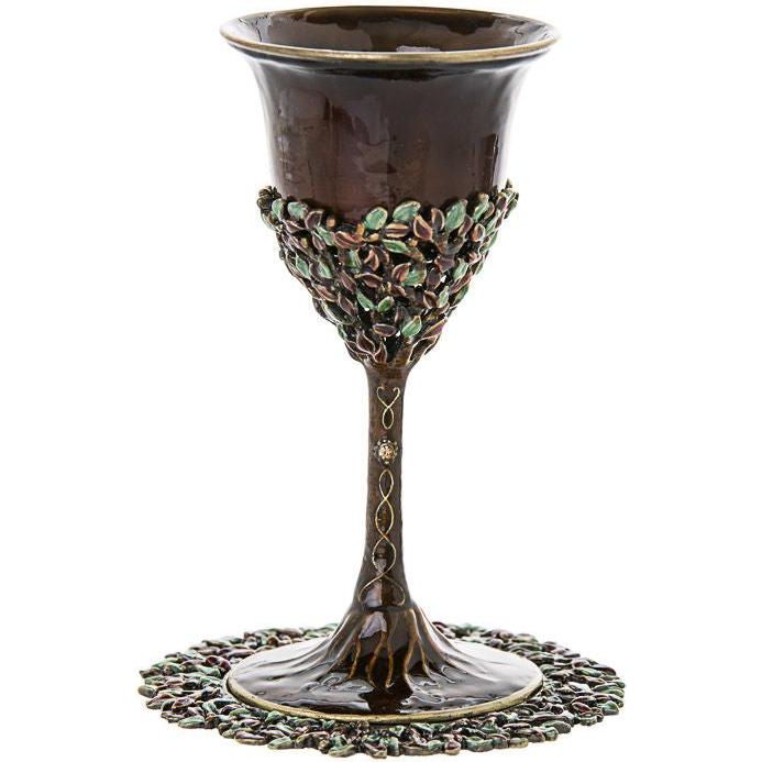 Jeweled Kiddush Cup & Saucer Floral Design on Brown Enamel