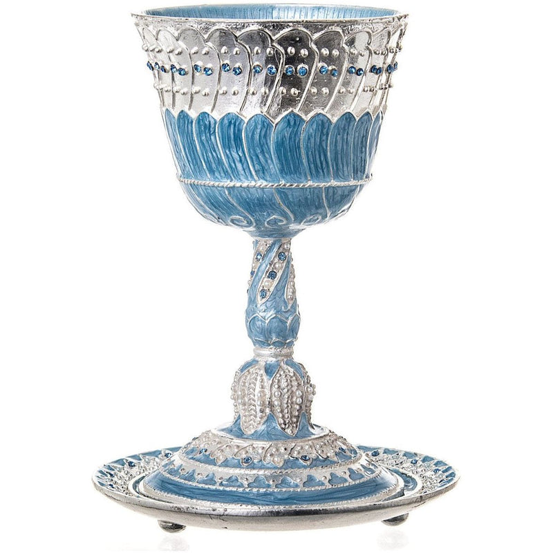 Jeweled Kiddush Cup 4.75 & Saucer Blue Silver