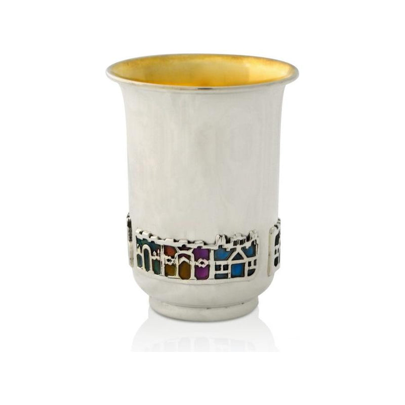 925 Sterling Silver Enamel Embellished Tzidkiyahu Kiddush Cup 3" Made in Israel By Nadav