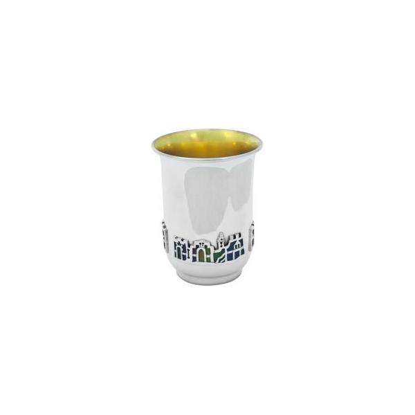 925 Sterling Silver Enamel Embellished Tzidkiyahu Kiddush Cup 3" Made in Israel By Nadav