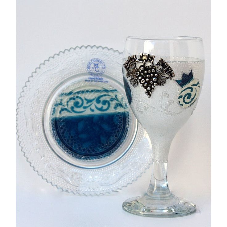 Designer Painted Glass Kiddush Cup with Saucer Hand Made in Israel By Racheli