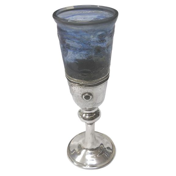 Artistic 925 Sterling Silver Fused Blue Glass Kiddush Cup 7.75" Hand Made in Israel One-of-a-Kind