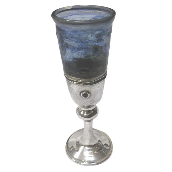 Artistic 925 Sterling Silver Fused Blue Glass Kiddush Cup 7.75" Hand Made in Israel One-of-a-Kind