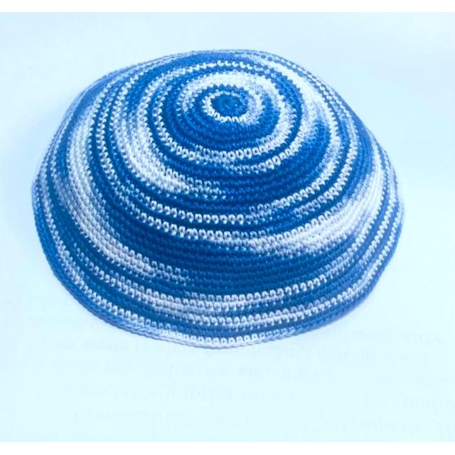 Shades of Blue Swirl Large Crochet Traditional Knit 100% Cotton Kippah Yarmulke 7" Custom Hand Made