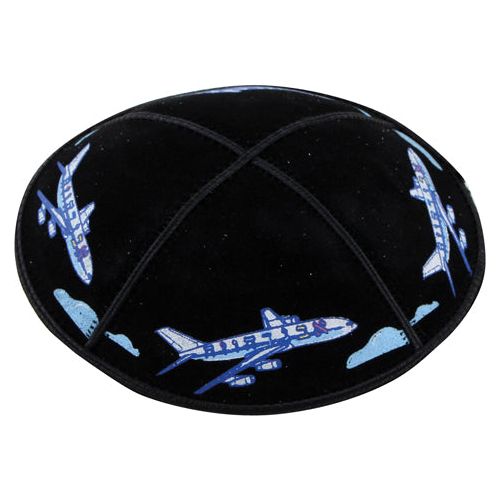Childrens Kippah Aleph Bet Airplanes Hand Painted Suede Yarmulke