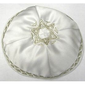Star of David White Satin Silver Embroidery Kippah Yarmulke