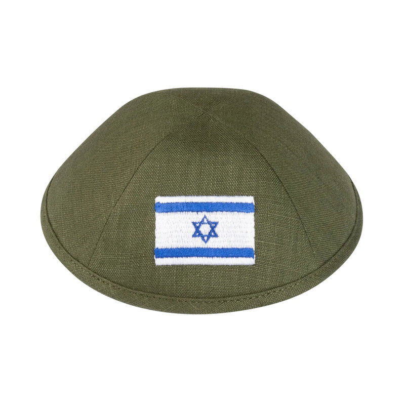 I-Kippah Olive Green Linen Israeli Kippah Embroidery Flag Yarmulke