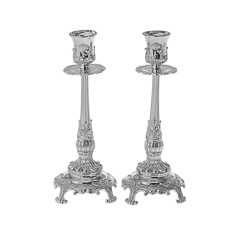 Silver Plated Traditional Lichter Shabbat Candlesticks with Feet 8" Tall