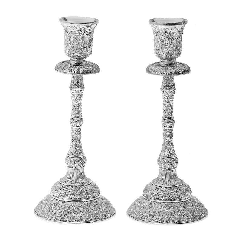 Filigree Decorated Silver Plated Shabbat Candlesticks 8" Tall Set of 2