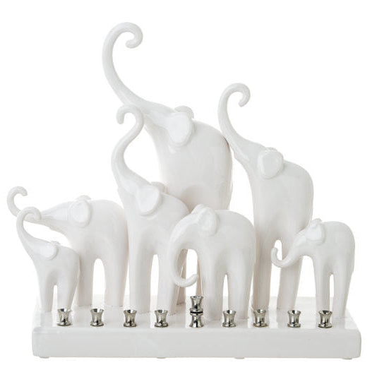 The Kalahari Haven The Family of Elephants Artistic White Ceramic Menorah  Hand Made 12 x 12"