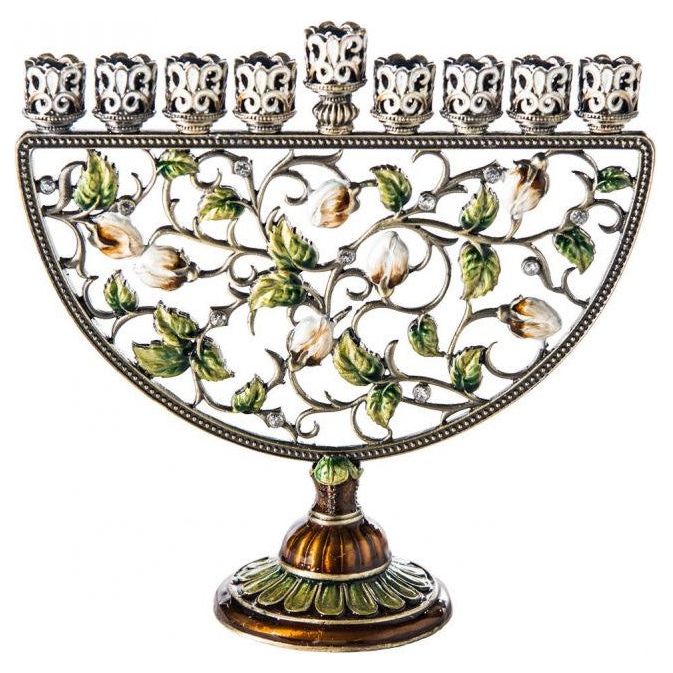 Multicolor Rosebud Jeweled Enamel Chanukah Menorah 9" x 8"