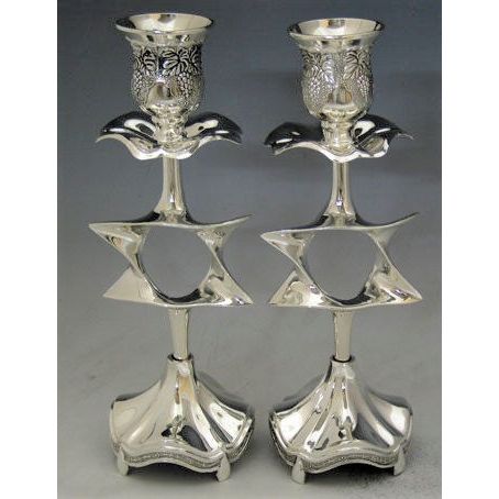 Silver Plated Shabbat Candlesticks Star of David 9.5' Set of 2